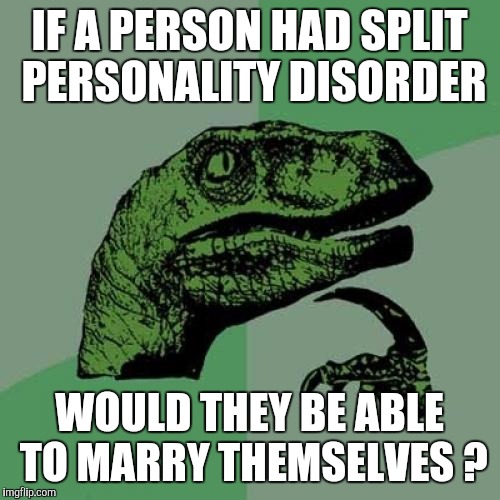 Philosoraptor Meme | IF A PERSON HAD SPLIT PERSONALITY DISORDER WOULD THEY BE ABLE TO MARRY THEMSELVES ? | image tagged in memes,philosoraptor | made w/ Imgflip meme maker
