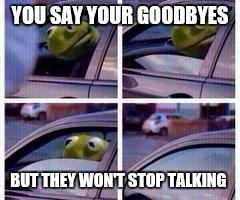 Kermit rolls up window | YOU SAY YOUR GOODBYES BUT THEY WON'T STOP TALKING | image tagged in kermit rolls up window | made w/ Imgflip meme maker