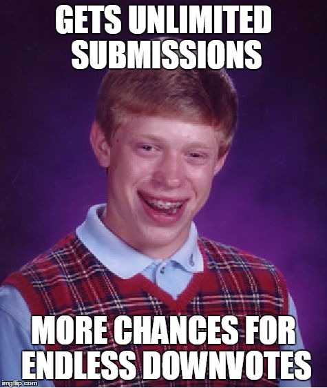 Bad Luck Brian Meme | GETS UNLIMITED SUBMISSIONS MORE CHANCES FOR ENDLESS DOWNVOTES | image tagged in memes,bad luck brian | made w/ Imgflip meme maker