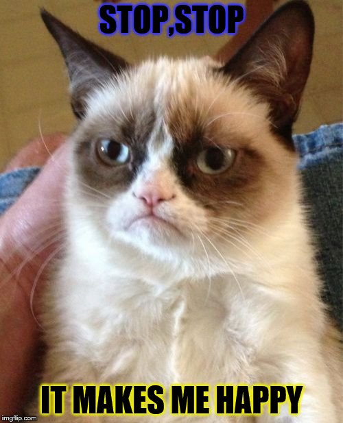 Grumpy Cat | STOP,STOP IT MAKES ME HAPPY | image tagged in memes,grumpy cat | made w/ Imgflip meme maker