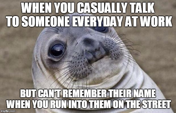 Awkward Moment Sealion Meme | WHEN YOU CASUALLY TALK TO SOMEONE EVERYDAY AT WORK BUT CAN'T REMEMBER THEIR NAME WHEN YOU RUN INTO THEM ON THE STREET | image tagged in memes,awkward moment sealion | made w/ Imgflip meme maker