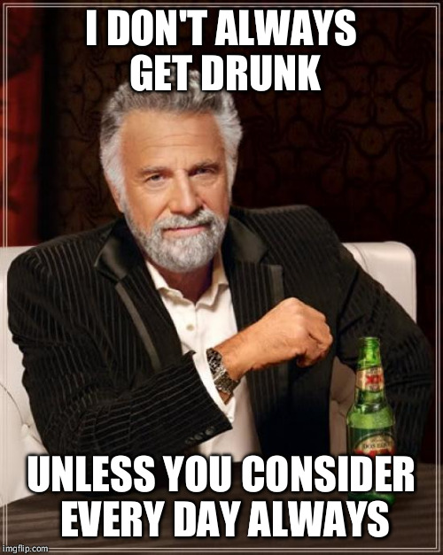 The Most Interesting Man In The World | I DON'T ALWAYS GET DRUNK UNLESS YOU CONSIDER EVERY DAY ALWAYS | image tagged in memes,the most interesting man in the world | made w/ Imgflip meme maker