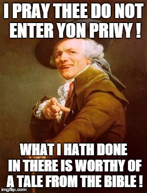 ye olde englishman | I PRAY THEE DO NOT ENTER YON PRIVY ! WHAT I HATH DONE IN THERE IS WORTHY OF A TALE FROM THE BIBLE ! | image tagged in ye olde englishman | made w/ Imgflip meme maker