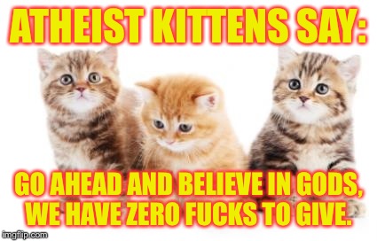 ATHEIST KITTENS SAY: GO AHEAD AND BELIEVE IN GODS, WE HAVE ZERO F**KS TO GIVE. | made w/ Imgflip meme maker