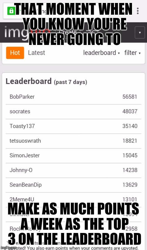 Sighhhh | THAT MOMENT WHEN YOU KNOW YOU'RE NEVER GOING TO MAKE AS MUCH POINTS A WEEK AS THE TOP 3 ON THE LEADERBOARD | image tagged in memes,imgflip,leaderboard | made w/ Imgflip meme maker