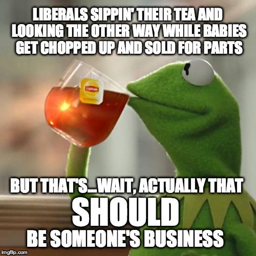 But That's None Of My Business Meme | LIBERALS SIPPIN' THEIR TEA AND LOOKING THE OTHER WAY WHILE BABIES GET CHOPPED UP AND SOLD FOR PARTS BUT THAT'S...WAIT, ACTUALLY THAT SHOULD  | image tagged in memes,but thats none of my business,kermit the frog | made w/ Imgflip meme maker