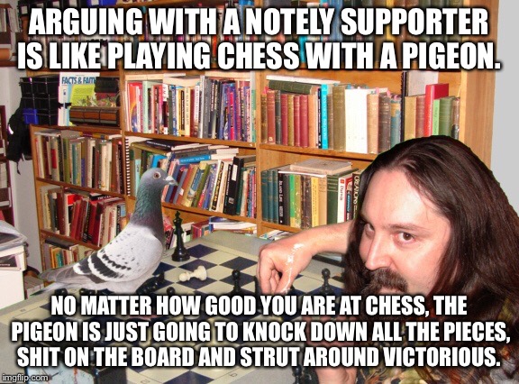 Notely chess  | ARGUING WITH A NOTELY SUPPORTER IS LIKE PLAYING CHESS WITH A PIGEON. NO MATTER HOW GOOD YOU ARE AT CHESS, THE PIGEON IS JUST GOING TO KNOCK  | image tagged in rachel notely,ndp | made w/ Imgflip meme maker