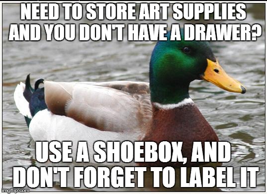 Actual Advice Mallard Meme | NEED TO STORE ART SUPPLIES AND YOU DON'T HAVE A DRAWER? USE A SHOEBOX, AND DON'T FORGET TO LABEL IT | image tagged in memes,actual advice mallard | made w/ Imgflip meme maker