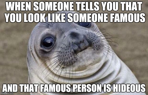 Awkward Moment Sealion Meme | WHEN SOMEONE TELLS YOU THAT YOU LOOK LIKE SOMEONE FAMOUS AND THAT FAMOUS PERSON IS HIDEOUS | image tagged in memes,awkward moment sealion | made w/ Imgflip meme maker