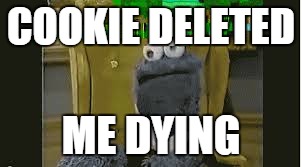 COOKIE DELETED ME DYING | image tagged in cookies,cookie monster,death | made w/ Imgflip meme maker
