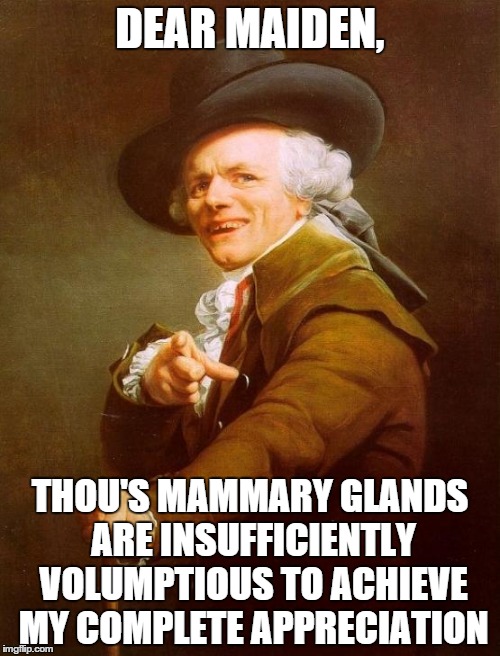 Joseph Ducreux Meme | DEAR MAIDEN, THOU'S MAMMARY GLANDS ARE INSUFFICIENTLY VOLUMPTIOUS TO ACHIEVE MY COMPLETE APPRECIATION | image tagged in memes,joseph ducreux | made w/ Imgflip meme maker