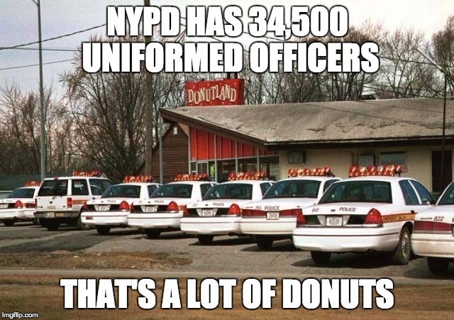 Cops and Donuts | NYPD HAS 34,500 UNIFORMED OFFICERS THAT'S A LOT OF DONUTS | image tagged in cops and donuts | made w/ Imgflip meme maker