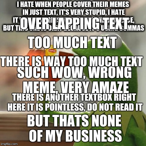 But That's None Of My Business | I HATE WHEN PEOPLE COVER THEIR MEMES IN JUST TEXT, IT'S VERY STUPID, I HATE IT WHEN THERE IS MORE THAN ONE SENTENCE, BUT THIS ONE IS OKAY BE | image tagged in memes,but thats none of my business,kermit the frog | made w/ Imgflip meme maker