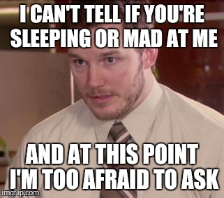 Afraid To Ask Andy (Closeup) | I CAN'T TELL IF YOU'RE SLEEPING OR MAD AT ME AND AT THIS POINT I'M TOO AFRAID TO ASK | image tagged in and i'm too afraid to ask andy | made w/ Imgflip meme maker