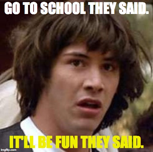 Conspiracy Keanu Meme | GO TO SCHOOL THEY SAID. IT'LL BE FUN THEY SAID. | image tagged in memes,conspiracy keanu | made w/ Imgflip meme maker