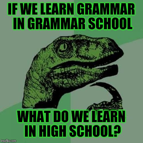 Philosoraptor Meme | IF WE LEARN GRAMMAR IN GRAMMAR SCHOOL WHAT DO WE LEARN IN HIGH SCHOOL? | image tagged in memes,philosoraptor | made w/ Imgflip meme maker