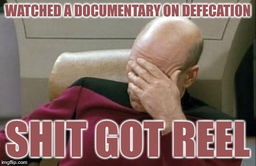 Captain Picard Facepalm Meme | WATCHED A DOCUMENTARY ON DEFECATION SHIT GOT REEL | image tagged in memes,captain picard facepalm | made w/ Imgflip meme maker