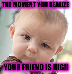 Skeptical Baby | THE MOMENT YOU REALIZE YOUR FRIEND IS HIGH | image tagged in memes,skeptical baby | made w/ Imgflip meme maker
