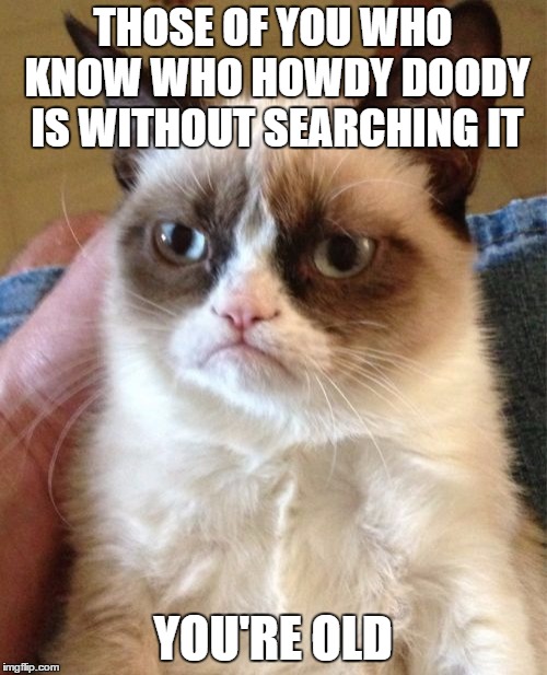 Grumpy Cat Meme | THOSE OF YOU WHO KNOW WHO HOWDY DOODY IS WITHOUT SEARCHING IT YOU'RE OLD | image tagged in memes,grumpy cat | made w/ Imgflip meme maker