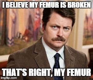 Ron Swanson | I BELIEVE MY FEMUR IS BROKEN THAT'S RIGHT, MY FEMUR | image tagged in memes,ron swanson | made w/ Imgflip meme maker