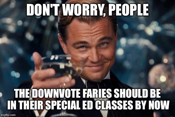 Repost? kind of | DON'T WORRY, PEOPLE THE DOWNVOTE FARIES SHOULD BE IN THEIR SPECIAL ED CLASSES BY NOW | image tagged in memes,leonardo dicaprio cheers | made w/ Imgflip meme maker