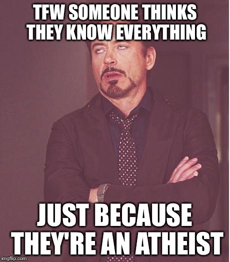 DUR HUR MUH INTELLIJINS | TFW SOMEONE THINKS THEY KNOW EVERYTHING JUST BECAUSE THEY'RE AN ATHEIST | image tagged in memes,face you make robert downey jr | made w/ Imgflip meme maker