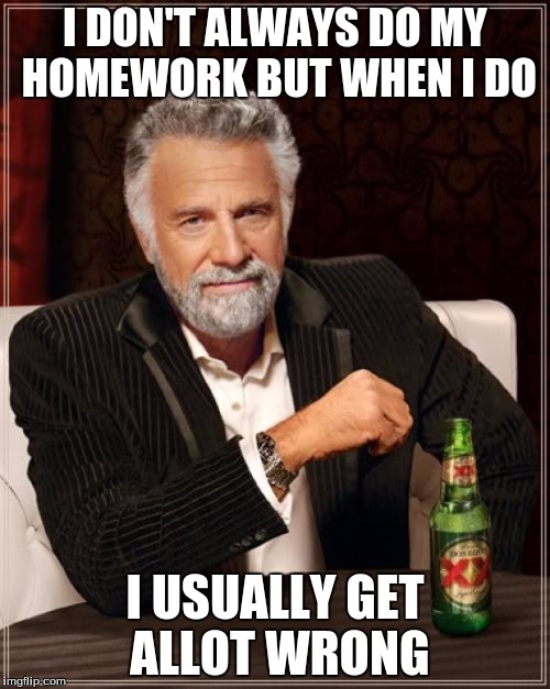 The Most Interesting Man In The World Meme | I DON'T ALWAYS DO MY HOMEWORK BUT WHEN I DO I USUALLY GET ALLOT WRONG | image tagged in memes,the most interesting man in the world | made w/ Imgflip meme maker