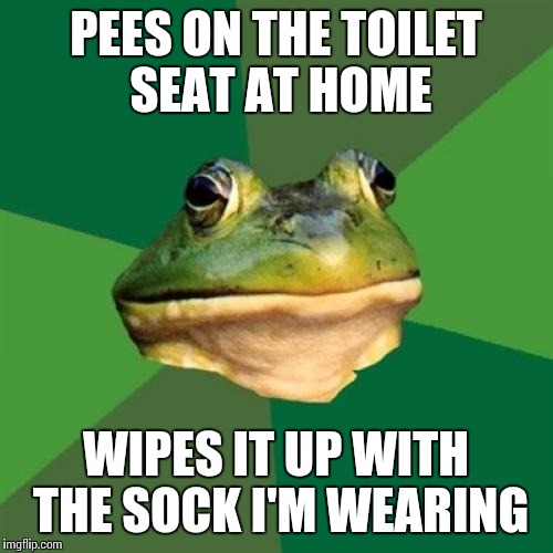 Foul Bachelor Frog Meme | PEES ON THE TOILET SEAT AT HOME WIPES IT UP WITH THE SOCK I'M WEARING | image tagged in memes,foul bachelor frog,AdviceAnimals | made w/ Imgflip meme maker