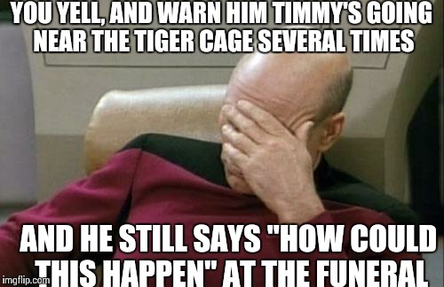 Captain Picard Facepalm Meme | YOU YELL, AND WARN HIM TIMMY'S GOING NEAR THE TIGER CAGE SEVERAL TIMES AND HE STILL SAYS "HOW COULD THIS HAPPEN" AT THE FUNERAL | image tagged in memes,captain picard facepalm | made w/ Imgflip meme maker