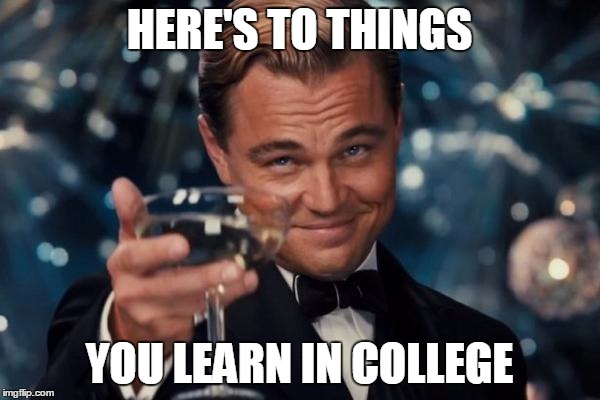 Leonardo Dicaprio Cheers Meme | HERE'S TO THINGS YOU LEARN IN COLLEGE | image tagged in memes,leonardo dicaprio cheers | made w/ Imgflip meme maker