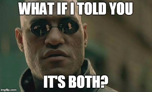 Matrix Morpheus Meme | WHAT IF I TOLD YOU IT'S BOTH? | image tagged in memes,matrix morpheus | made w/ Imgflip meme maker