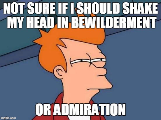 Futurama Fry Meme | NOT SURE IF I SHOULD SHAKE MY HEAD IN BEWILDERMENT OR ADMIRATION | image tagged in memes,futurama fry | made w/ Imgflip meme maker
