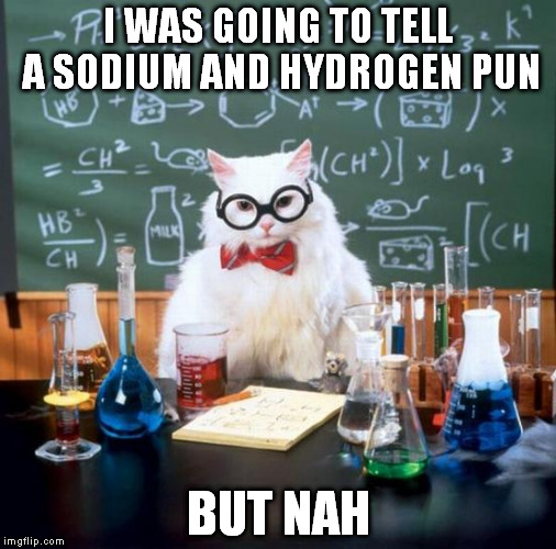 Chemistry Cat Meme | I WAS GOING TO TELL A SODIUM AND HYDROGEN PUN BUT NAH | image tagged in memes,chemistry cat | made w/ Imgflip meme maker