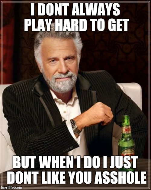The Most Interesting Man In The World | I DONT ALWAYS PLAY HARD TO GET BUT WHEN I DO I JUST DONT LIKE YOU ASSHOLE | image tagged in memes,the most interesting man in the world | made w/ Imgflip meme maker