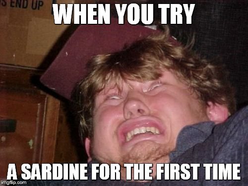 WTF Meme | WHEN YOU TRY A SARDINE FOR THE FIRST TIME | image tagged in memes,wtf | made w/ Imgflip meme maker