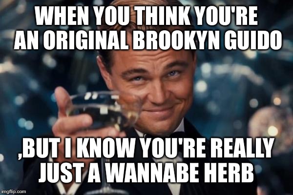 Leonardo Dicaprio Cheers Meme | WHEN YOU THINK YOU'RE AN ORIGINAL BROOKYN GUIDO ,BUT I KNOW YOU'RE REALLY JUST A WANNABE HERB | image tagged in memes,leonardo dicaprio cheers | made w/ Imgflip meme maker