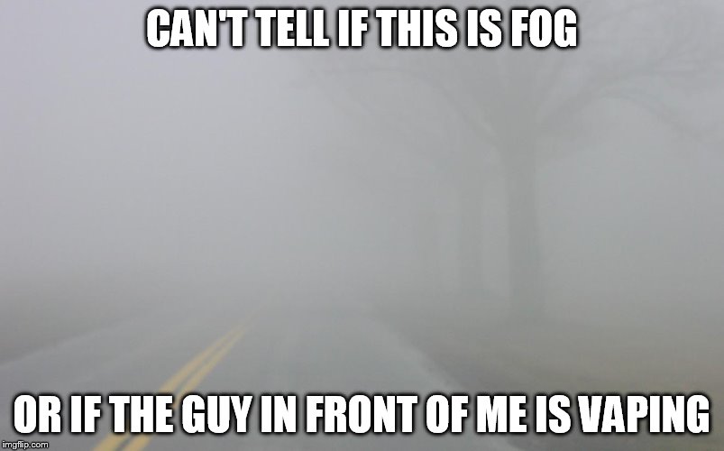 Vape Everywhere | CAN'T TELL IF THIS IS FOG OR IF THE GUY IN FRONT OF ME IS VAPING | image tagged in lol,vaping,fog | made w/ Imgflip meme maker