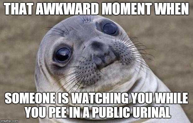 Awkward Moment Sealion Meme | THAT AWKWARD MOMENT WHEN SOMEONE IS WATCHING YOU WHILE YOU PEE IN A PUBLIC URINAL | image tagged in memes,awkward moment sealion | made w/ Imgflip meme maker