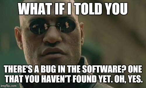 Matrix Morpheus Meme | WHAT IF I TOLD YOU THERE'S A BUG IN THE SOFTWARE? ONE THAT YOU HAVEN'T FOUND YET. OH, YES. | image tagged in memes,matrix morpheus | made w/ Imgflip meme maker