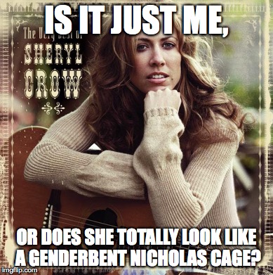 IS IT JUST ME, OR DOES SHE TOTALLY LOOK LIKE A GENDERBENT NICHOLAS CAGE? | image tagged in genderbent,nicholas cage | made w/ Imgflip meme maker