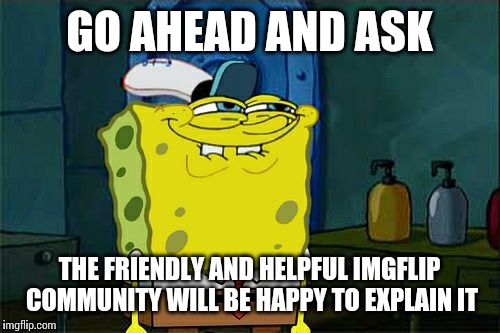 Don't You Squidward Meme | GO AHEAD AND ASK THE FRIENDLY AND HELPFUL IMGFLIP COMMUNITY WILL BE HAPPY TO EXPLAIN IT | image tagged in memes,dont you squidward | made w/ Imgflip meme maker