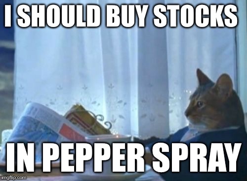 I Should Buy A Boat Cat Meme | I SHOULD BUY STOCKS IN PEPPER SPRAY | image tagged in memes,i should buy a boat cat | made w/ Imgflip meme maker