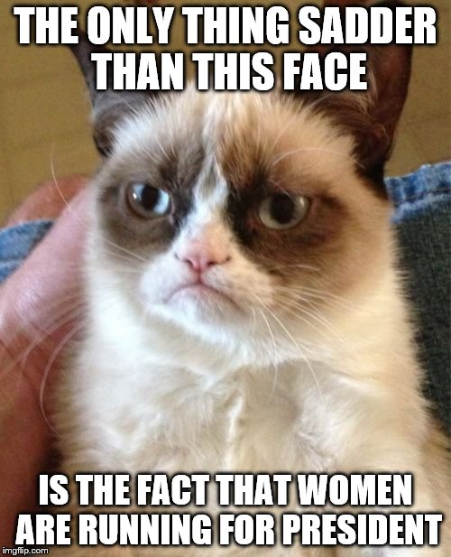 Grumpy Cat Meme | THE ONLY THING SADDER THAN THIS FACE IS THE FACT THAT WOMEN ARE RUNNING FOR PRESIDENT | image tagged in memes,grumpy cat | made w/ Imgflip meme maker