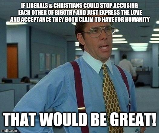 That Would Be Great Meme | IF LIBERALS & CHRISTIANS COULD STOP ACCUSING EACH OTHER OF BIGOTRY AND JUST EXPRESS THE LOVE AND ACCEPTANCE THEY BOTH CLAIM TO HAVE FOR HUMA | image tagged in memes,that would be great | made w/ Imgflip meme maker