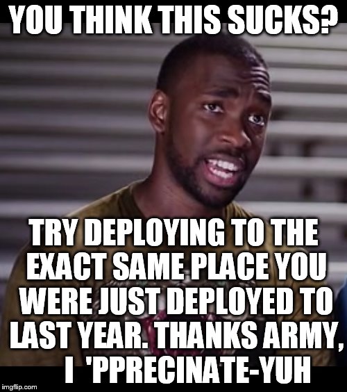 YOU THINK THIS SUCKS? TRY DEPLOYING TO THE EXACT SAME PLACE YOU WERE JUST DEPLOYED TO LAST YEAR. THANKS ARMY,     I  'PPRECINATE-YUH | image tagged in reed1 | made w/ Imgflip meme maker