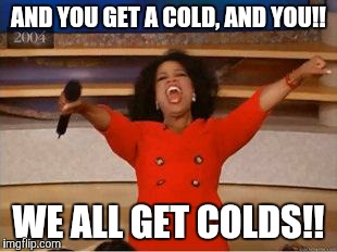 Oprah You Get A | AND YOU GET A COLD, AND YOU!! WE ALL GET COLDS!! | image tagged in you get an oprah | made w/ Imgflip meme maker