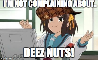 Haruhi Computer | I'M NOT COMPLAINING ABOUT.. DEEZ NUTS! | image tagged in haruhi computer,scumbag | made w/ Imgflip meme maker