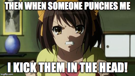 Angry Haruhi | THEN WHEN SOMEONE PUNCHES ME I KICK THEM IN THE HEAD! | image tagged in angry haruhi | made w/ Imgflip meme maker