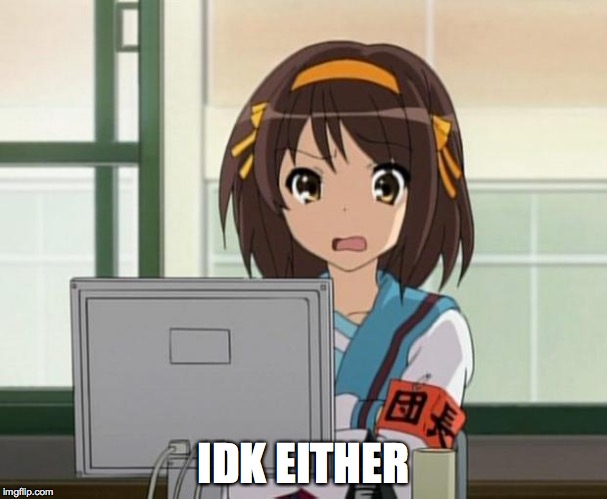 Haruhi Internet disturbed | IDK EITHER | image tagged in haruhi internet disturbed | made w/ Imgflip meme maker