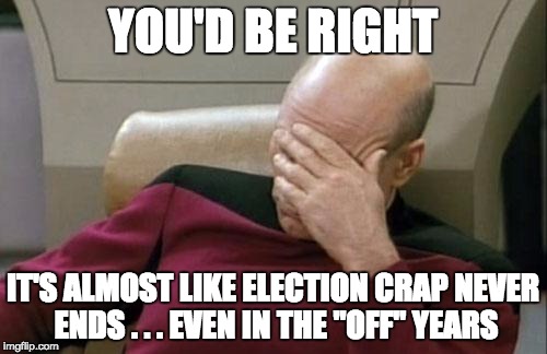 Captain Picard Facepalm Meme | YOU'D BE RIGHT IT'S ALMOST LIKE ELECTION CRAP NEVER ENDS . . . EVEN IN THE "OFF" YEARS | image tagged in memes,captain picard facepalm | made w/ Imgflip meme maker